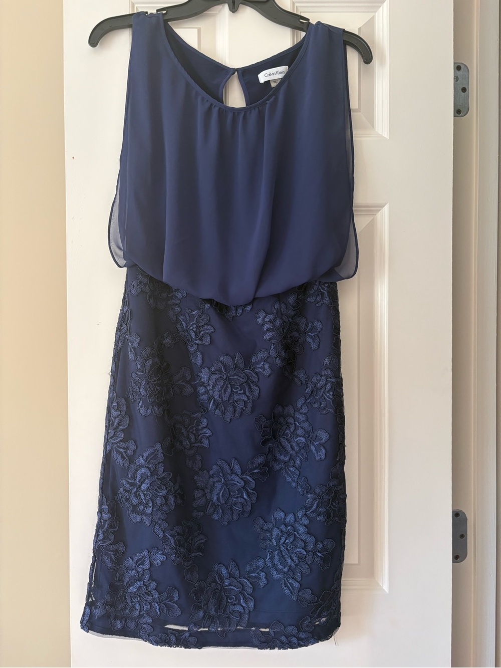 Calvin Klein Navy Chiffon Blouson Dress with Floral Lace Skirt